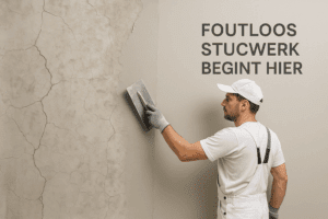Stukadoor werkt aan muur met scheuren en glad afgewerkt oppervlak – foutloos stucwerk